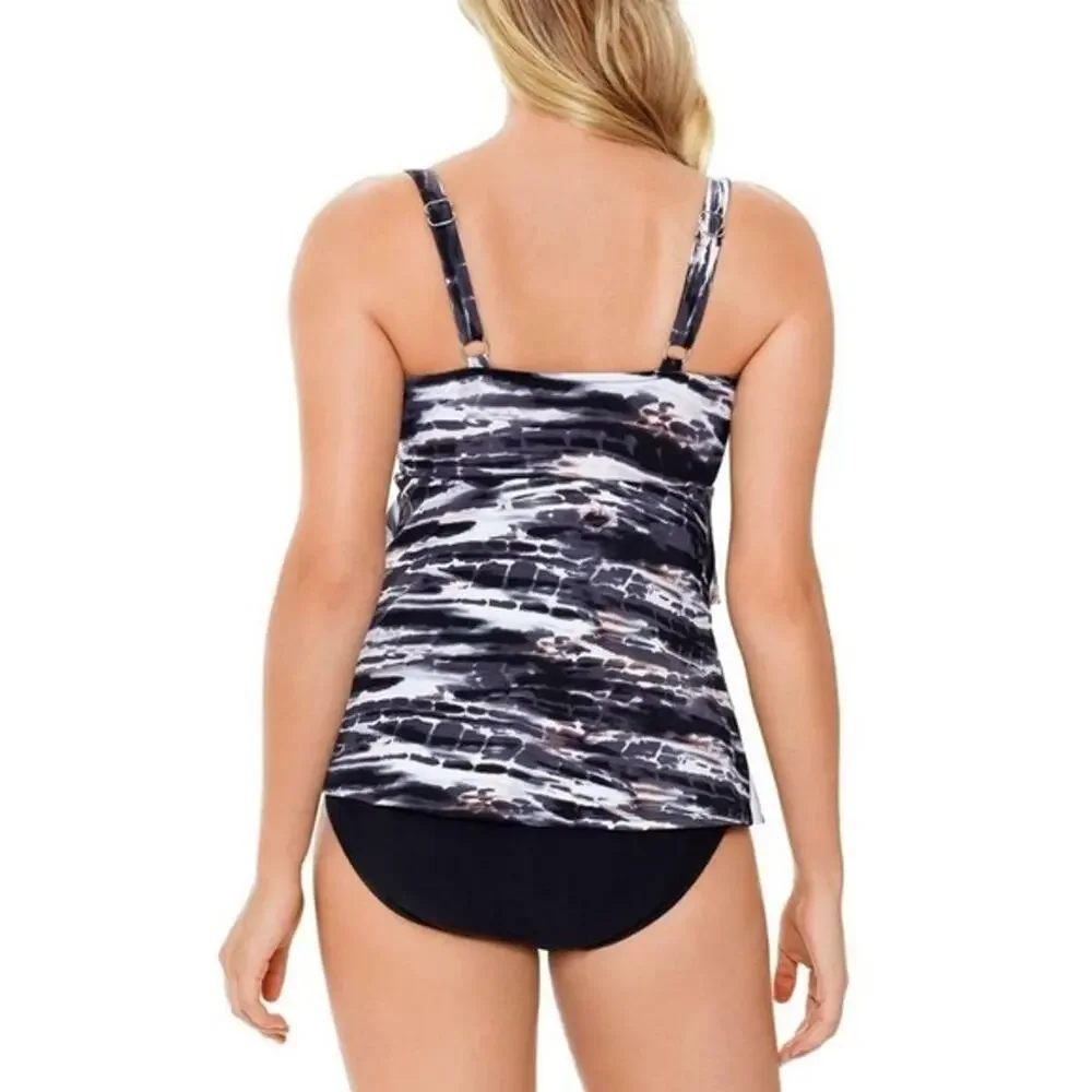 Swim Solutions Coastal Plates Black Tiered Tummy Control One-Piece Size 8 - Picture 9 of 9